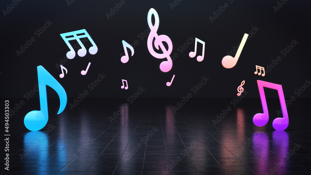 The platform for product showcase in the dark background with a colorful musical note.3D rendering. The platform for product showcase in the dark background with a colorful musical note.3D rendering.