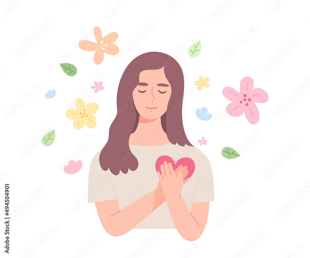 Young female closing eyes and touching her heart with both hand. Concept of self-love, self-confidence, mental health healing, love yourself, encouragement. Flat vector illustration character.