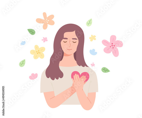 Young female closing eyes and touching her heart with both hand. Concept of self-love  self-confidence  mental health healing  love yourself  encouragement. Flat vector illustration character.