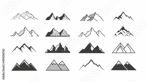 Mountain icon logo vector illustration for adventure outdoor sport graphic design.  Black stone and landscape drawing vintage for climbing or hiking sport concept. © Djoyotrue