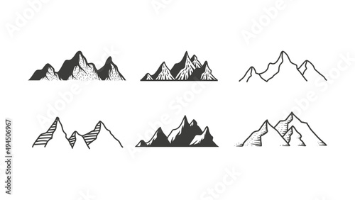 Mountain icon logo vector illustration for adventure outdoor sport graphic design.  Black stone and landscape drawing vintage for climbing or hiking sport concept.