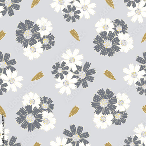 Chamomile floral seamless vector pattern background. Scattered groups of flower heads of ancient medicinal herb on pastel backdrop. Painterly botanical flora. Nature garden flowers all over print.