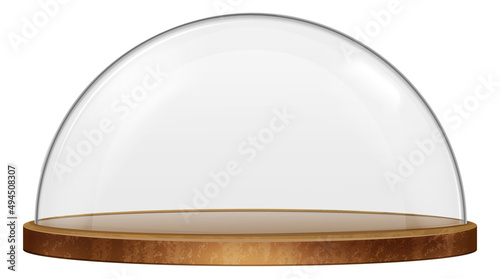 Fotografia Realistic glass dome on wooden tray. Exhibition showcase