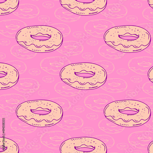 Doodle style frosted donuts seamless vector background ready to be tiled.