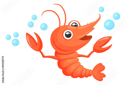 Cute lobster underwater. Smiling cartoon character. Sea food symbol
