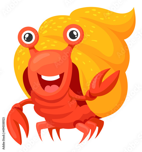 Hermit crab. Cheerful cartoon character. Sea fauna mascot
