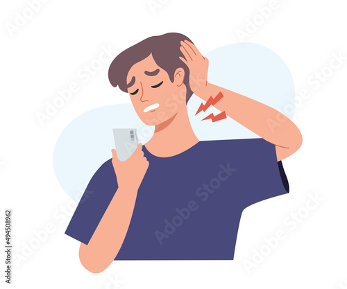 Man having neck pain symptom because of using phone with bad and wrong posture. Concept of health, lifestyle, neckache, shoulder muscle pain. Flat vector illustration.
