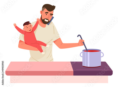Fototapeta Naklejka Na Ścianę i Meble -  Man holding baby and cooking soup. Multitasking dad