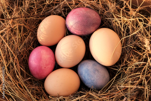 Eggs are bright, multi-colored in a straw nest. Easter concept, preparation for the holiday