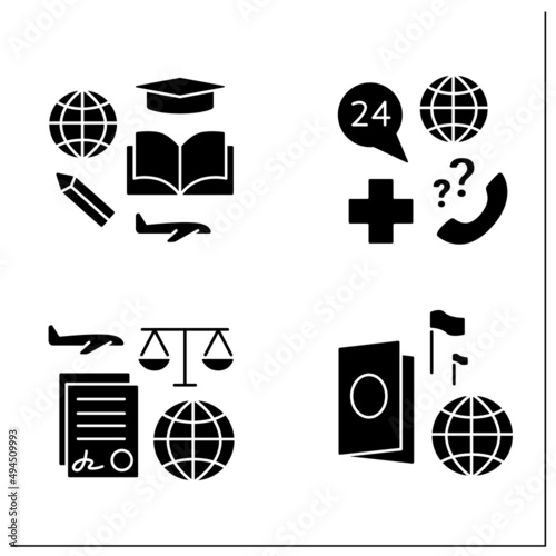 Embassy service glyph icons set. Student visa, notary services, passport, medical support. Diplomatic mission concept.Filled flat signs. Isolated silhouette vector illustrations photo