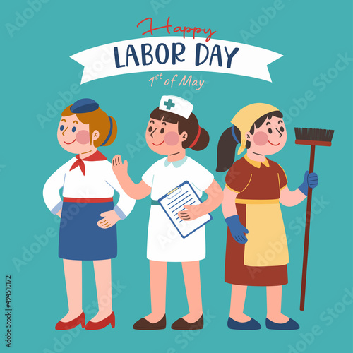 Labor Day With Happy Woman Worker, Hand Drawn Flat Character Design