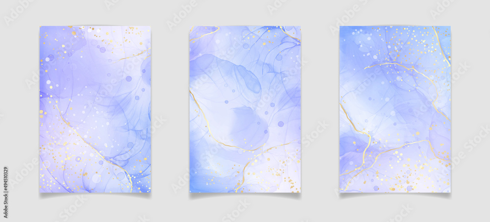 Violet cyan blue liquid watercolor background with golden stains. Teal mauve purple marble alcohol ink drawing effect. Vector illustration design template for wedding invitation, menu, rsvp