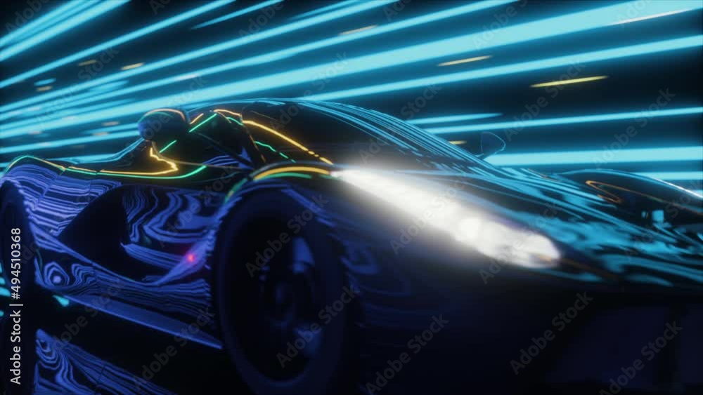 3D Car Model Driving on a Bright Road in Neon Colorful Blue Purple Tunnel at a High speed. Modern Dark Supercar Driving Fast on Highway. Hyperspeed. Racing. Lights Reflecting. 3D Animation. 4K