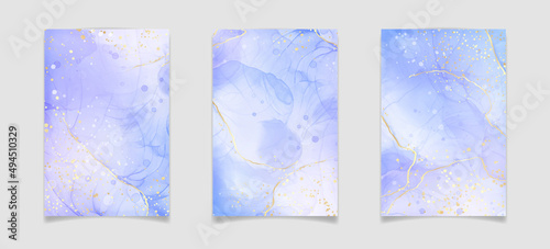 Violet cyan blue liquid watercolor background with golden stains. Teal mauve purple marble alcohol ink drawing effect. Vector illustration design template for wedding invitation, menu, rsvp