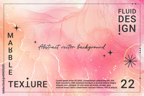 Rose pink liquid watercolor background with golden dots. Dusty blush marble alcohol ink drawing effect. Vector illustration design template for wedding invitation, menu, rsvp
