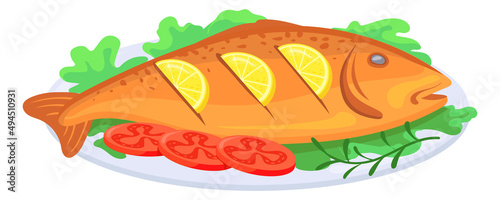 Cartoon fish plate. Grilled sea food dish