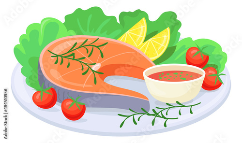 Salmon steak plate with seasoning and sauce in cartoon style