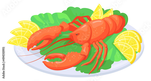 Cooked lobster on plate. Cartoon seafood dish