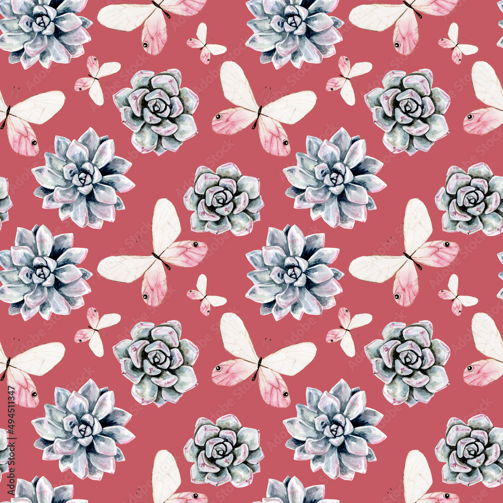 Watercolor seamless tropical pattern with butterflies and gray succulents on a red background