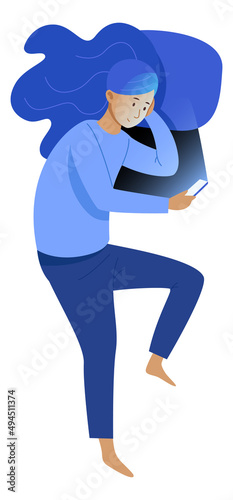 Girl using smartphone at night time. Digital addiction