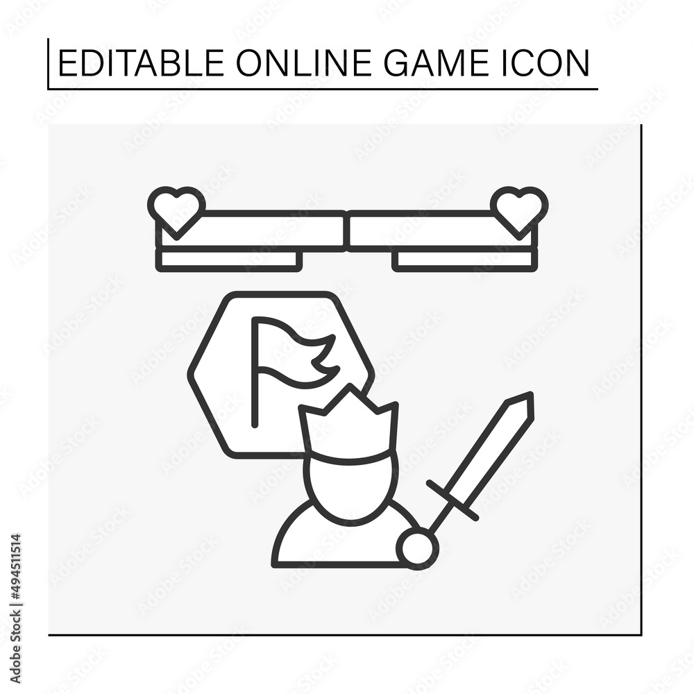 Fighting game line icon. Health level. King with sword. Online game concept. Isolated vector illustration.Editable stroke Fighting game line icon. Health level. King with sword. Online game concept. Isolated vector illustration.Editable stroke