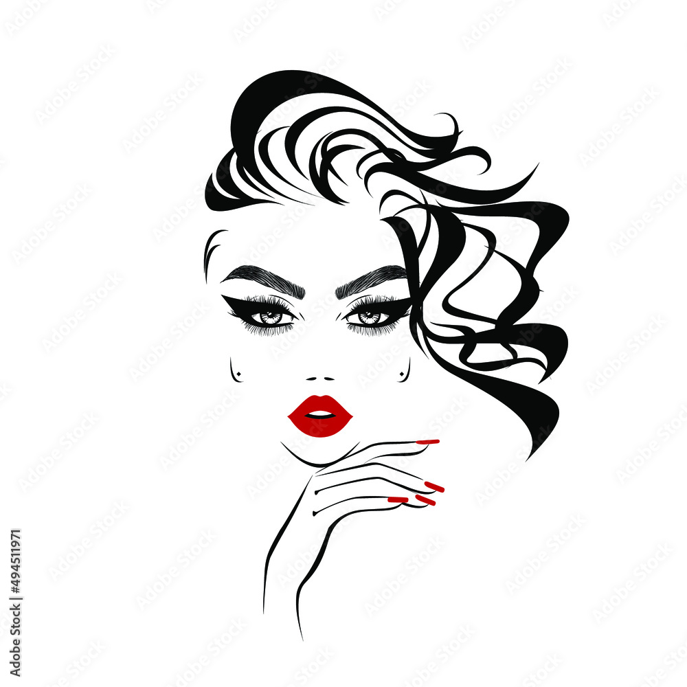 Beautiful sexy face, red lips, hand with red manicure nails, fashion woman, element design, nails studio, curly hairstyle, hair salon sign, icon. Beauty Logo. Vector illustration. Hand drawing style. Beautiful sexy face, red lips, hand with red manicure nails, fashion woman, element design, nails studio, curly hairstyle, hair salon sign, icon. Beauty Logo. Vector illustration. Hand drawing style.