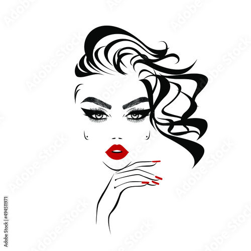 Beautiful sexy face, red lips, hand with red manicure nails, fashion woman, element design, nails studio, curly hairstyle, hair salon sign, icon. Beauty Logo. Vector illustration. Hand drawing style.