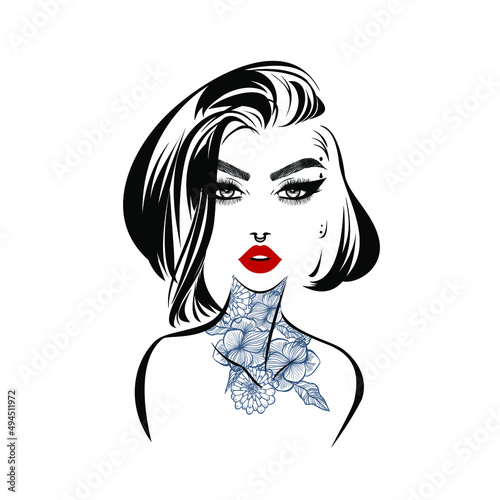 Beautiful sexy woman, red lips, flower tattoo, fashion woman, septum and eyebrow piercings, short hairstyle, hair salon sign, icon. Beauty Logo. Vector illustration. Logo tattoo studio.