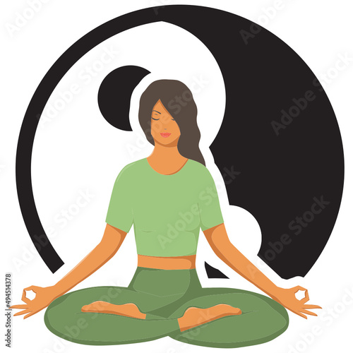 woman in yoga pose in front of yin yang symbol