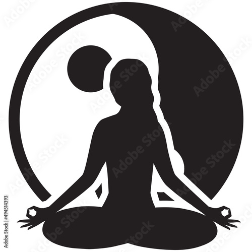 woman in yoga pose in front of yin yang symbol