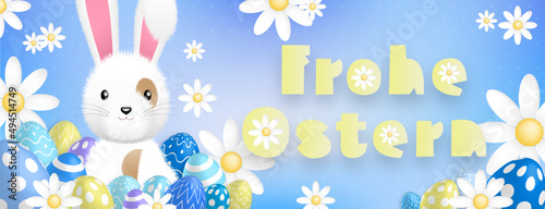German yellow text : Frohe Ostern, with a cute white rabbit behind colored eggs and flowers on a blue background