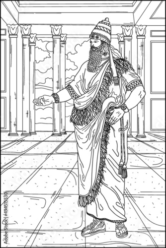 Coloring book for adults. History. Ancient world. Sumerian king in beautiful clothes in the castle. Sumerians. Black and white vector image.