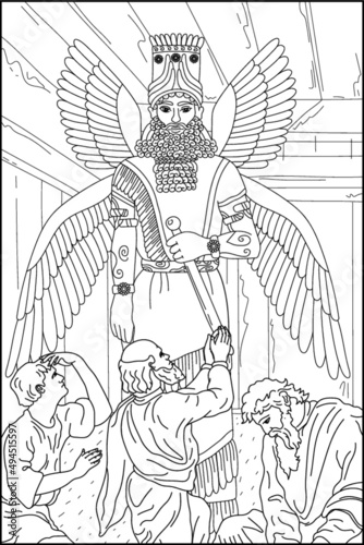 Coloring book for adults. Sumerians. Ancient world. People pray to the Sumerian god. Vector image.