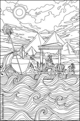 Coloring book for adults. Egyptian boat with Goddess and servants. Beautiful sea and pyramids. Ancient Egypt. Vector black and white image.