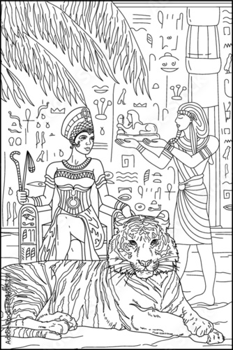 Coloring book for adults. Nifertiti on the throne. Big tiger. Egypt. Ancient world. Vector image.