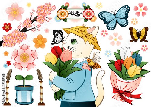 猫のイラスト春のデザイン「SPRING TIME」チューリップ・蝶・蜂・桜・土筆・双葉・花束