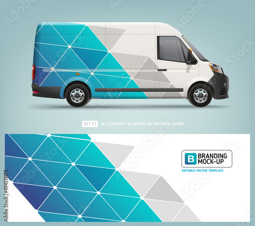 Editable Van Mock-up and wrap decal for livery branding design and corporate identity company. Abstract blue geometric graphics background. Decal design for services van and racing car