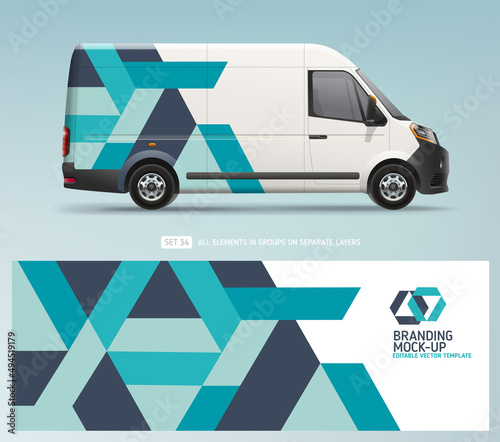 Realistic Van Mock-up and wrap decal for livery branding design and corporate identity company. Abstract blue geometric graphics background. Decal design for company van and racing car photo