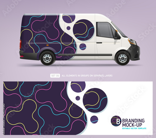 Realistic Van Mock-up and wrap decal for livery branding design and corporate identity company. Abstract purple geometric graphics background. Decal design for services van and delivery car
