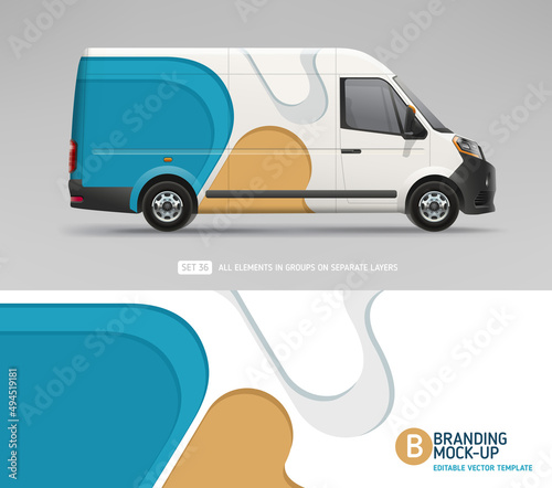 Editable Van Mock-up and wrap decal for livery branding design and corporate identity company. Abstract geometric graphics background. Decal design for services van and company car