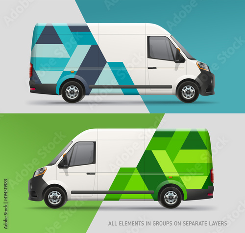 Editable Van Mock-up with green and blue branding design. Van with abstract corporate identity company. Abstract green graphics for delivery car, company van and racing car. Corporate Van Branding