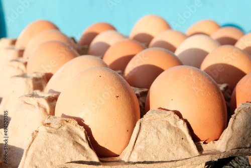 Eggs are brown in paper packaging in the sun. Dietary farm product. Agriculture. Easter price increase. Copyspace.