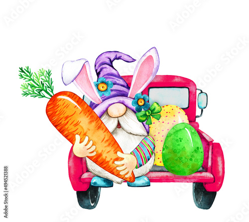 Canvas Print Watercolor happy easter cute cartoon gnome and eggs illustration