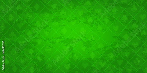 Casino poker table background, vector green velvet gambling Vegas backdrop, diamond spades symbols. Royal fabric design top view, luxury cloth texture, lucky game surface. Casino material background