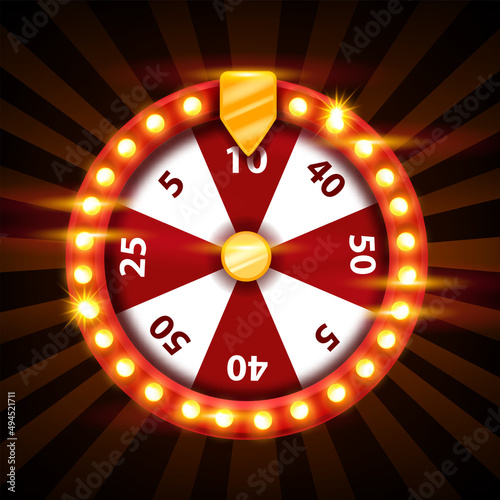 Casino lucky wheel, vector lottery game roulette, fortune spin illustration, light bulb, golden arrow. Sale discount spinner, gambling chance machine, promotion offer clipart. Red shiny lucky wheel