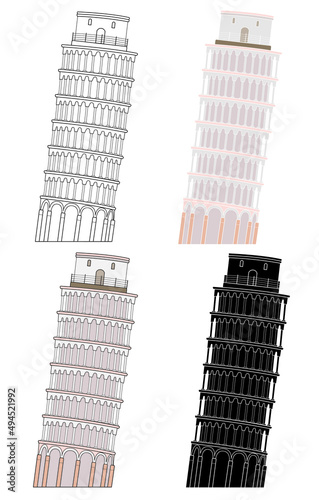 Set of Leaning Tower of Pisa, Pisa, Italy. Leaning Tower of Pisa icon. Vector illustration.