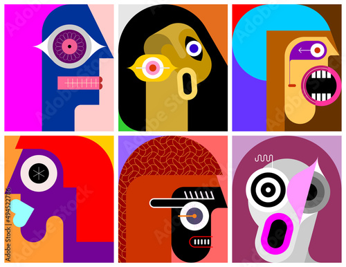Six Portraits modern art layered vector illustration. Composition of six different abstract images of human face. 