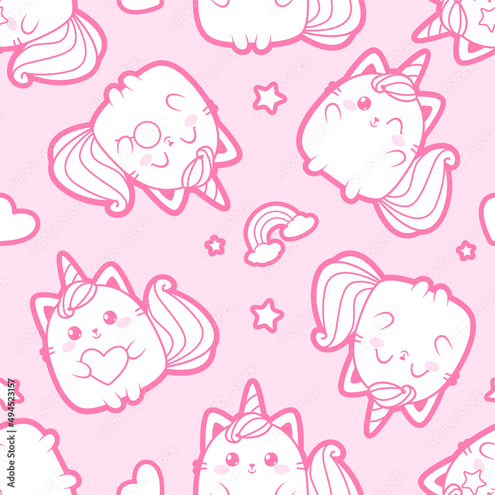 Cute Baby Cat Caticorn or Kitten Unicorn - pink vector seamless pattern. Kawaii Cat Unicorn with lollipop. Isolated vector illustration for kids design prints, posters, t-shirts, stickers Cute Baby Cat Caticorn or Kitten Unicorn - pink vector seamless pattern. Kawaii Cat Unicorn with lollipop. Isolated vector illustration for kids design prints, posters, t-shirts, stickers
