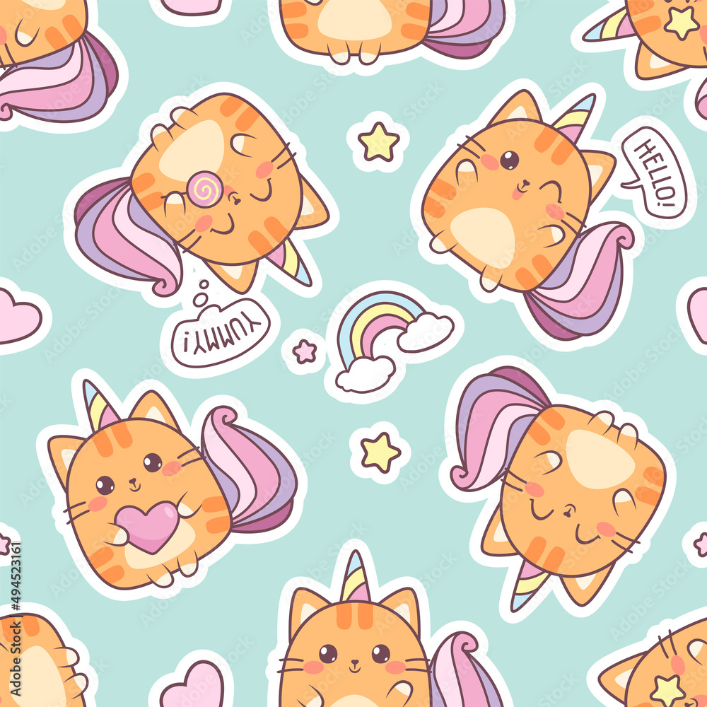 Cute Red Cat Caticorn or Kitten Unicorn vector seamless pattern. Kawaii Cat Unicorn with lollipop. Isolated vector illustration for kids design prints, posters, t-shirts, stickers