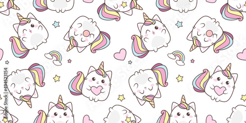 Cute Baby Cat Caticorn pattern. White Kitten Unicorn  vector seamless pattern. Kawaii Cat Unicorn with lollipop. Isolated vector illustration for kids design prints, posters, t-shirts, stickers